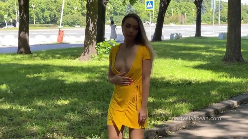 Yellow dress. Topless walk