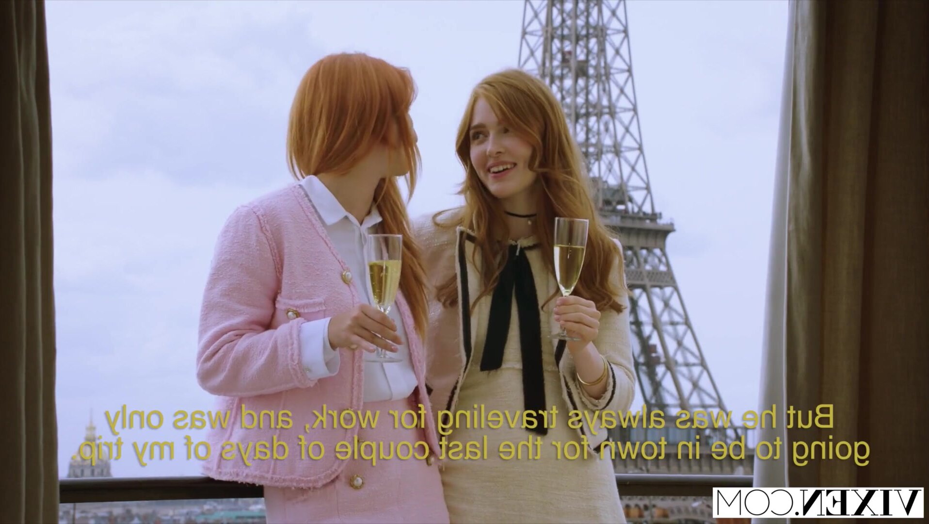 An affluent pair enjoys a flawless auburn-haired individual while away.